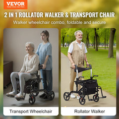 2 in 1 Rollator Walker & Transport Chair for Seniors, Folding Rolling Walker Wheelchair Combo & Footrests, Lightweight Aluminum Mobility Walker with Adjustable Handle, All Terrain Wheels, 300LBS