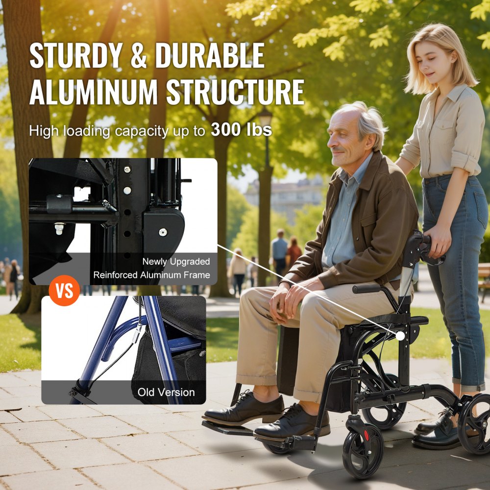 2 in 1 Rollator Walker & Transport Chair for Seniors, Folding Rolling Walker Wheelchair Combo & Footrests, Lightweight Aluminum Mobility Walker with Adjustable Handle, All Terrain Wheels, 300LBS
