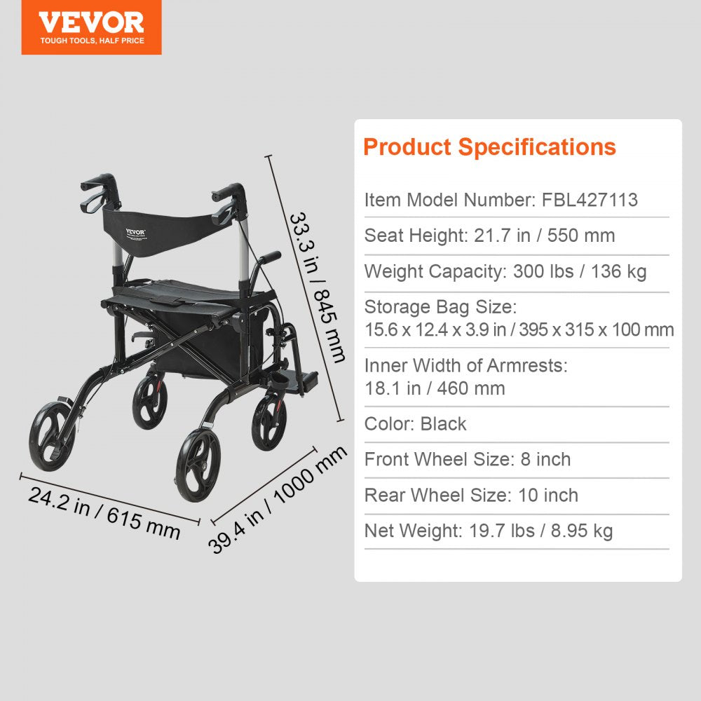2 in 1 Rollator Walker & Transport Chair for Seniors, Folding Rolling Walker Wheelchair Combo & Footrests, Lightweight Aluminum Mobility Walker with Adjustable Handle, All Terrain Wheels, 300LBS