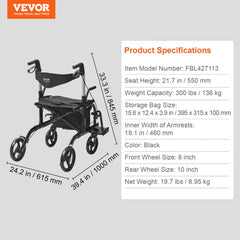 2 in 1 Rollator Walker & Transport Chair for Seniors, Folding Rolling Walker Wheelchair Combo & Footrests, Lightweight Aluminum Mobility Walker with Adjustable Handle, All Terrain Wheels, 300LBS