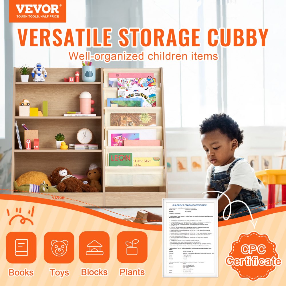 4-Tier Kids Wooden Bookshelf, Six-Layer Sling Bookcase, Baby Storage Book Rack, Book Toy Organizer Cabinet, for Kids Room, Playroom, Kindergarten, Nursery