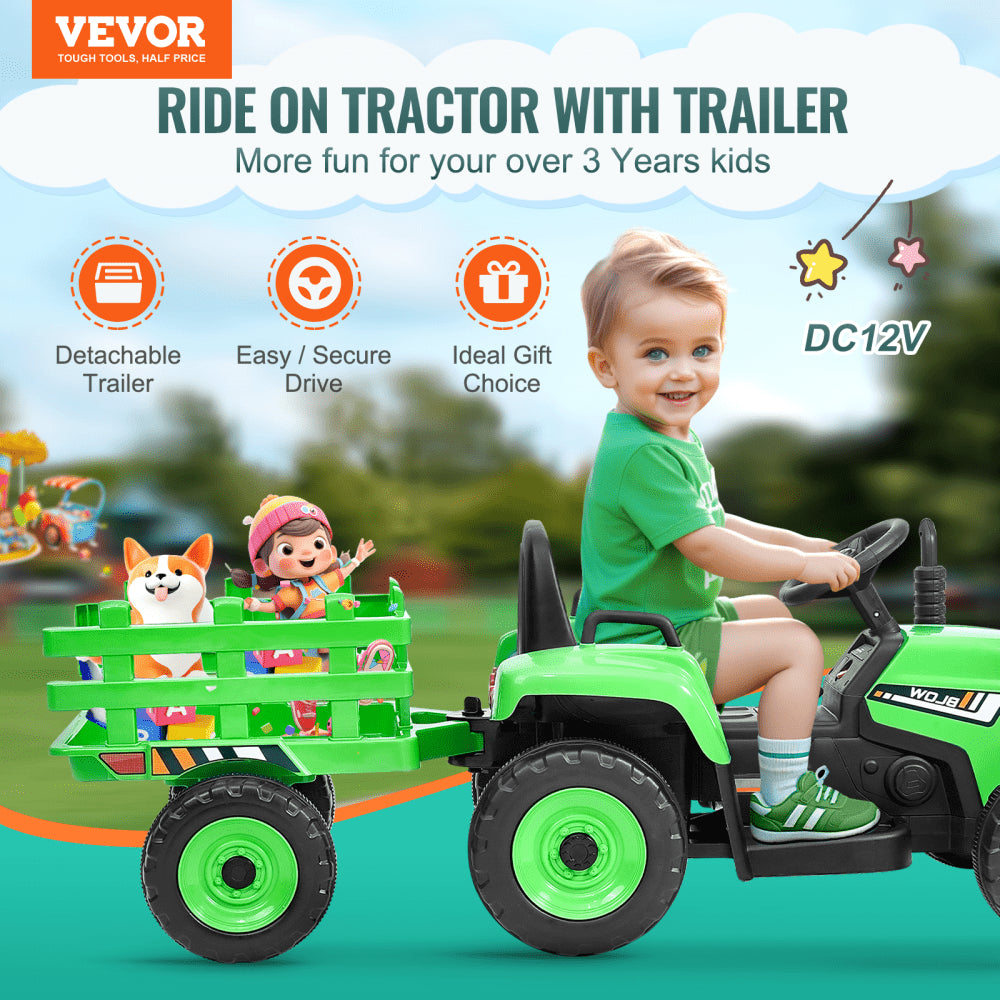 Green Bostome 12V Kids Ride On Tractor with detachable trailer and remote control.