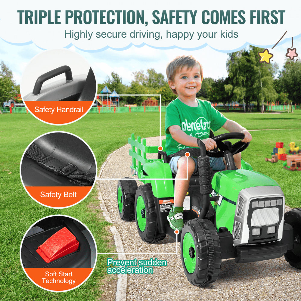 Green Bostome 12V kids ride-on tractor with detachable trailer and remote control.