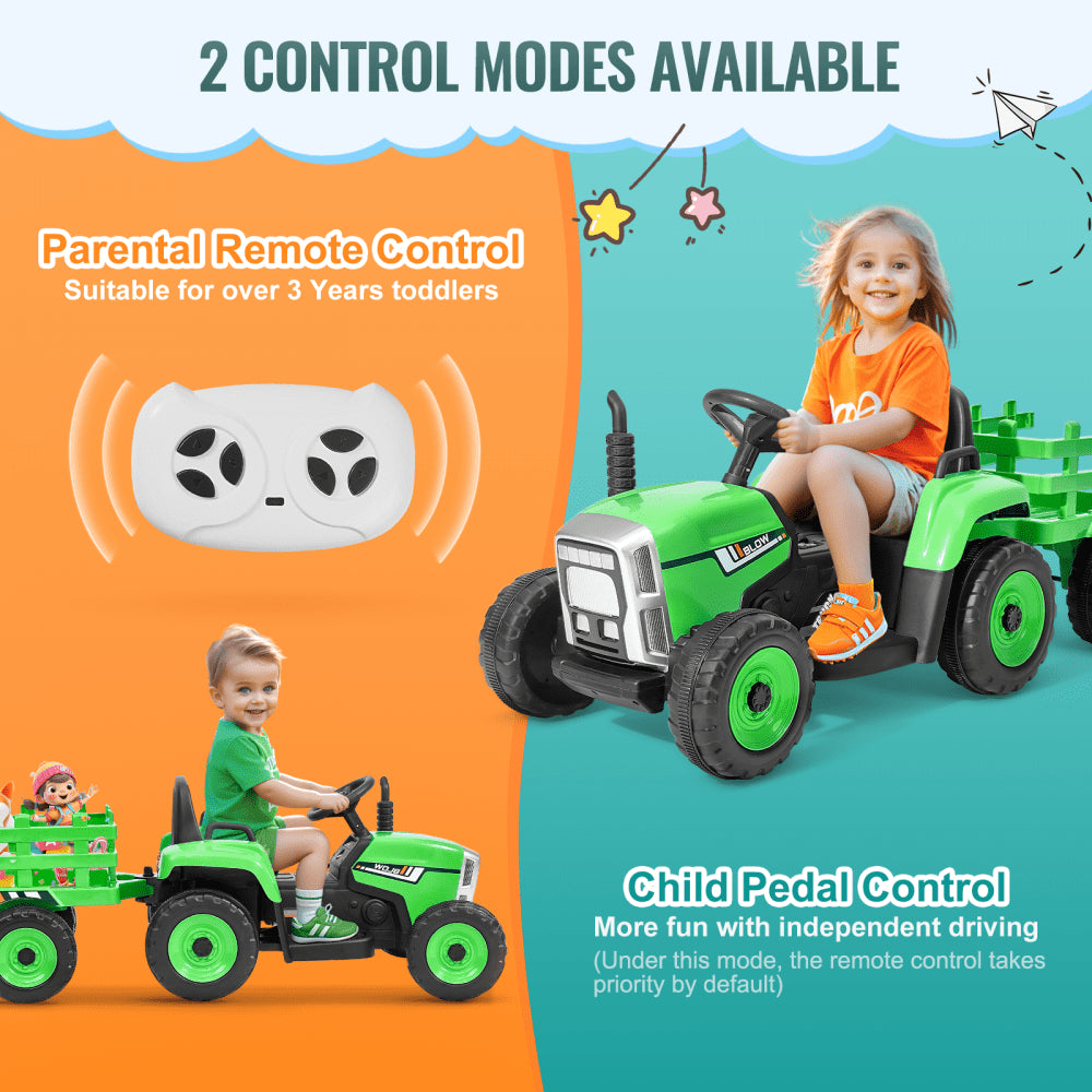 Green Bostome 12V kids ride-on tractor with detachable trailer and remote control.