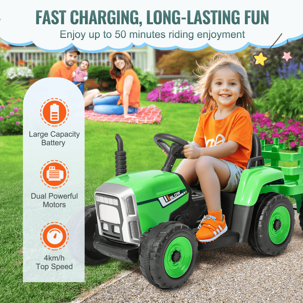 Green Bostome 12V kids ride-on tractor with detachable trailer and remote control.