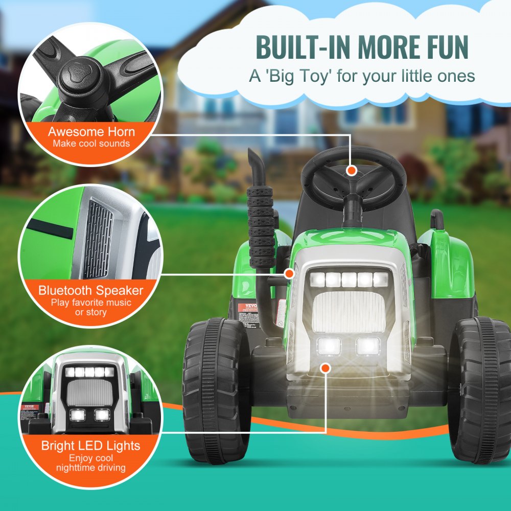 Green Bostome 12V kids ride-on tractor with detachable trailer and remote control.