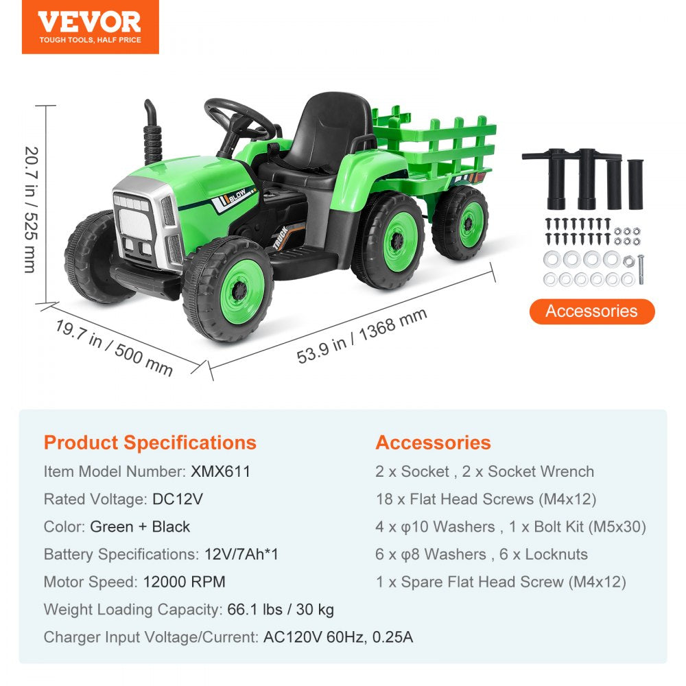Green 12V kids ride-on tractor with detachable trailer and parental remote control.