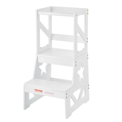 Toddler Step Stool, Natural Pine Wood Kids Kitchen Stool Helper with Safety Rail, Standing Tower Learning Stool for Bedroom Bathroom Kitchen Counter, 150LBS Loading Capacity, White