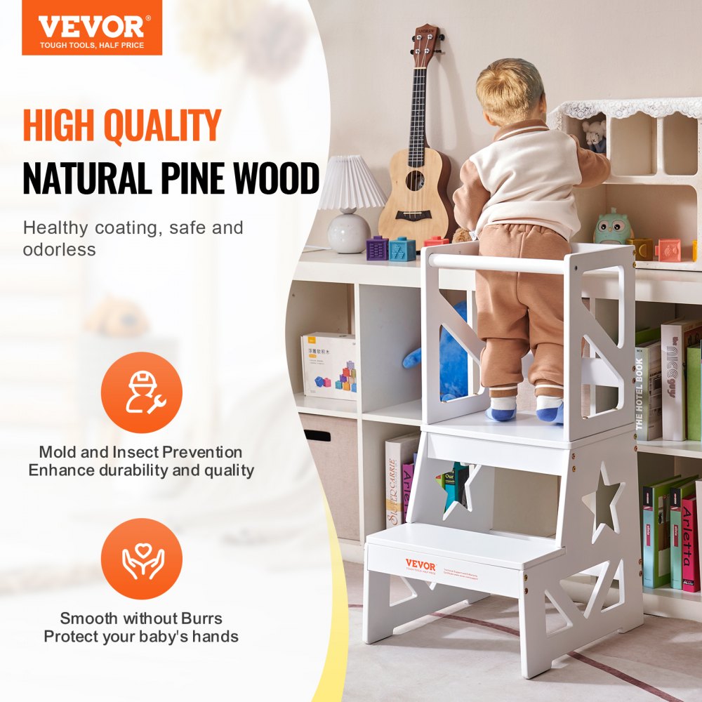 Toddler Step Stool, Natural Pine Wood Kids Kitchen Stool Helper with Safety Rail, Standing Tower Learning Stool for Bedroom Bathroom Kitchen Counter, 150LBS Loading Capacity, White