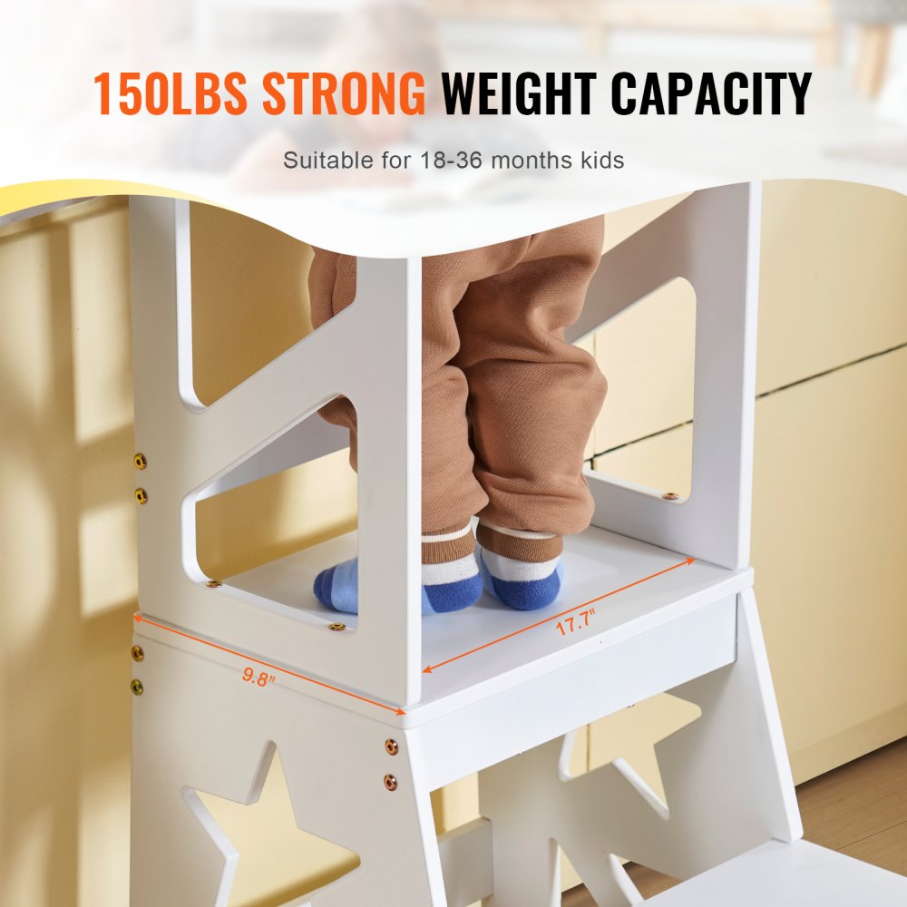 Toddler Step Stool, Natural Pine Wood Kids Kitchen Stool Helper with Safety Rail, Standing Tower Learning Stool for Bedroom Bathroom Kitchen Counter, 150LBS Loading Capacity, White