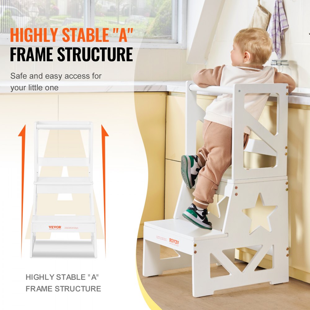 Toddler Step Stool, Natural Pine Wood Kids Kitchen Stool Helper with Safety Rail, Standing Tower Learning Stool for Bedroom Bathroom Kitchen Counter, 150LBS Loading Capacity, White
