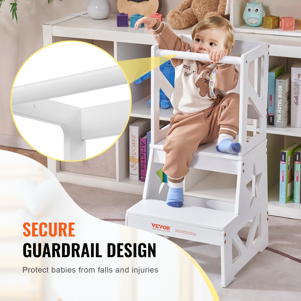 Toddler Step Stool, Natural Pine Wood Kids Kitchen Stool Helper with Safety Rail, Standing Tower Learning Stool for Bedroom Bathroom Kitchen Counter, 150LBS Loading Capacity, White