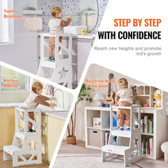 Toddler Step Stool, Natural Pine Wood Kids Kitchen Stool Helper with Safety Rail, Standing Tower Learning Stool for Bedroom Bathroom Kitchen Counter, 150LBS Loading Capacity, White