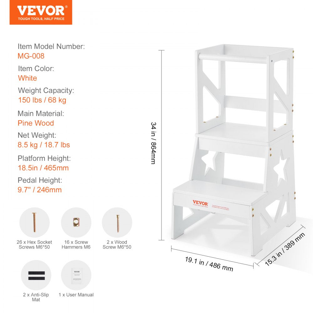 Toddler Step Stool, Natural Pine Wood Kids Kitchen Stool Helper with Safety Rail, Standing Tower Learning Stool for Bedroom Bathroom Kitchen Counter, 150LBS Loading Capacity, White