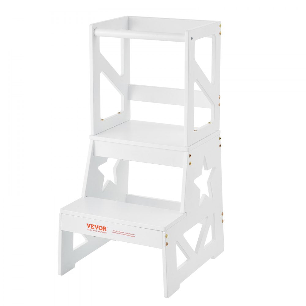 Toddler Step Stool, Natural Pine Wood Kids Kitchen Stool Helper with Safety Rail, Standing Tower Learning Stool for Bedroom Bathroom Kitchen Counter, 150LBS Loading Capacity, White