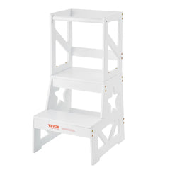 Toddler Step Stool, Natural Pine Wood Kids Kitchen Stool Helper with Safety Rail, Standing Tower Learning Stool for Bedroom Bathroom Kitchen Counter, 150LBS Loading Capacity, White