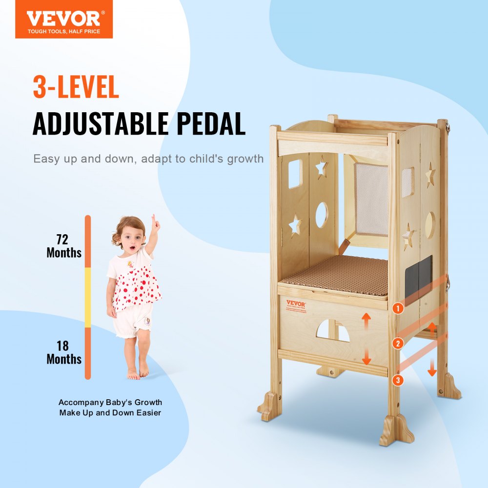 Tower Step Stool, Foldable Toddler Kitchen Stool Helper, 3-Level Adjustable Height Toddler Step Stools with Safety Net, Solid Wood Kids Standing Tower Learning Stool for Kitchen Bedroom Bathroom