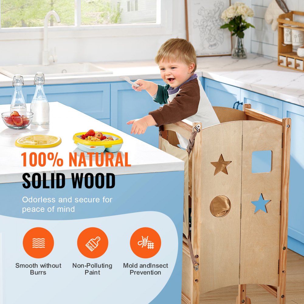 Tower Step Stool, Foldable Toddler Kitchen Stool Helper, 3-Level Adjustable Height Toddler Step Stools with Safety Net, Solid Wood Kids Standing Tower Learning Stool for Kitchen Bedroom Bathroom