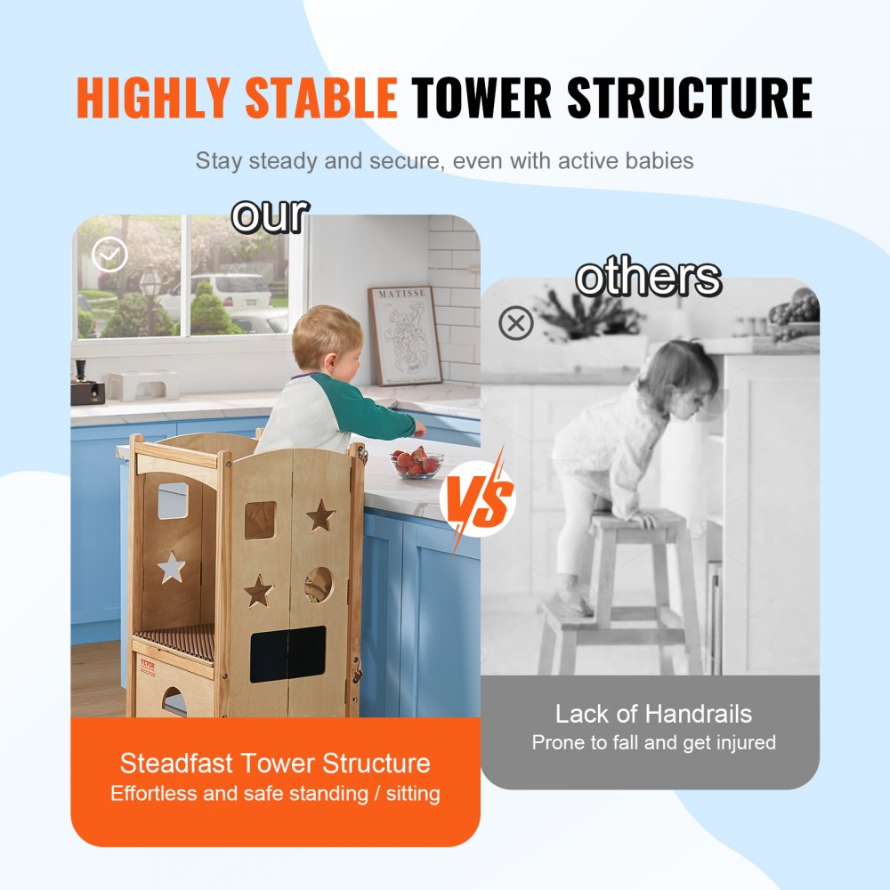 Tower Step Stool, Foldable Toddler Kitchen Stool Helper, 3-Level Adjustable Height Toddler Step Stools with Safety Net, Solid Wood Kids Standing Tower Learning Stool for Kitchen Bedroom Bathroom