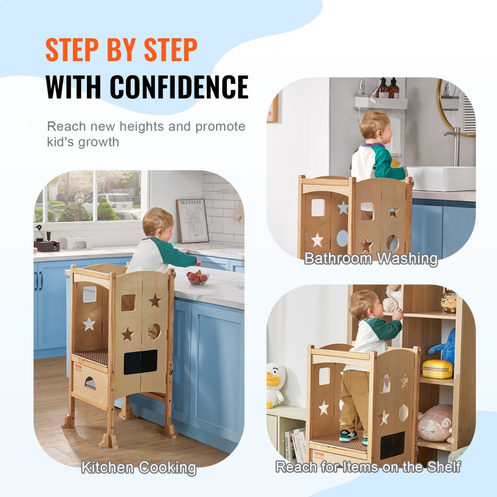 Tower Step Stool, Foldable Toddler Kitchen Stool Helper, 3-Level Adjustable Height Toddler Step Stools with Safety Net, Solid Wood Kids Standing Tower Learning Stool for Kitchen Bedroom Bathroom