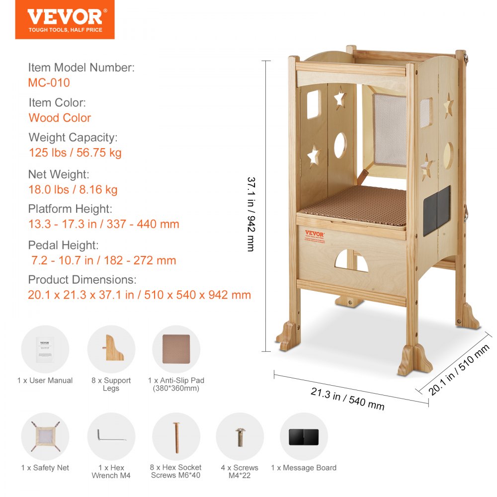 Tower Step Stool, Foldable Toddler Kitchen Stool Helper, 3-Level Adjustable Height Toddler Step Stools with Safety Net, Solid Wood Kids Standing Tower Learning Stool for Kitchen Bedroom Bathroom