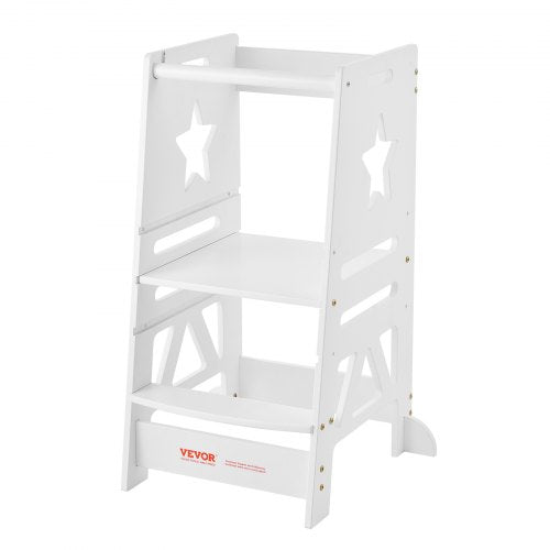 Tower Step Stool, 3-Level Height Adjustable Toddler Step Stools for Kids, Kitchen Stool Helper, Bamboo Standing Tower Learning Stool with Safety Rail for Kitchen Counter Bathroom, 350LBS, White