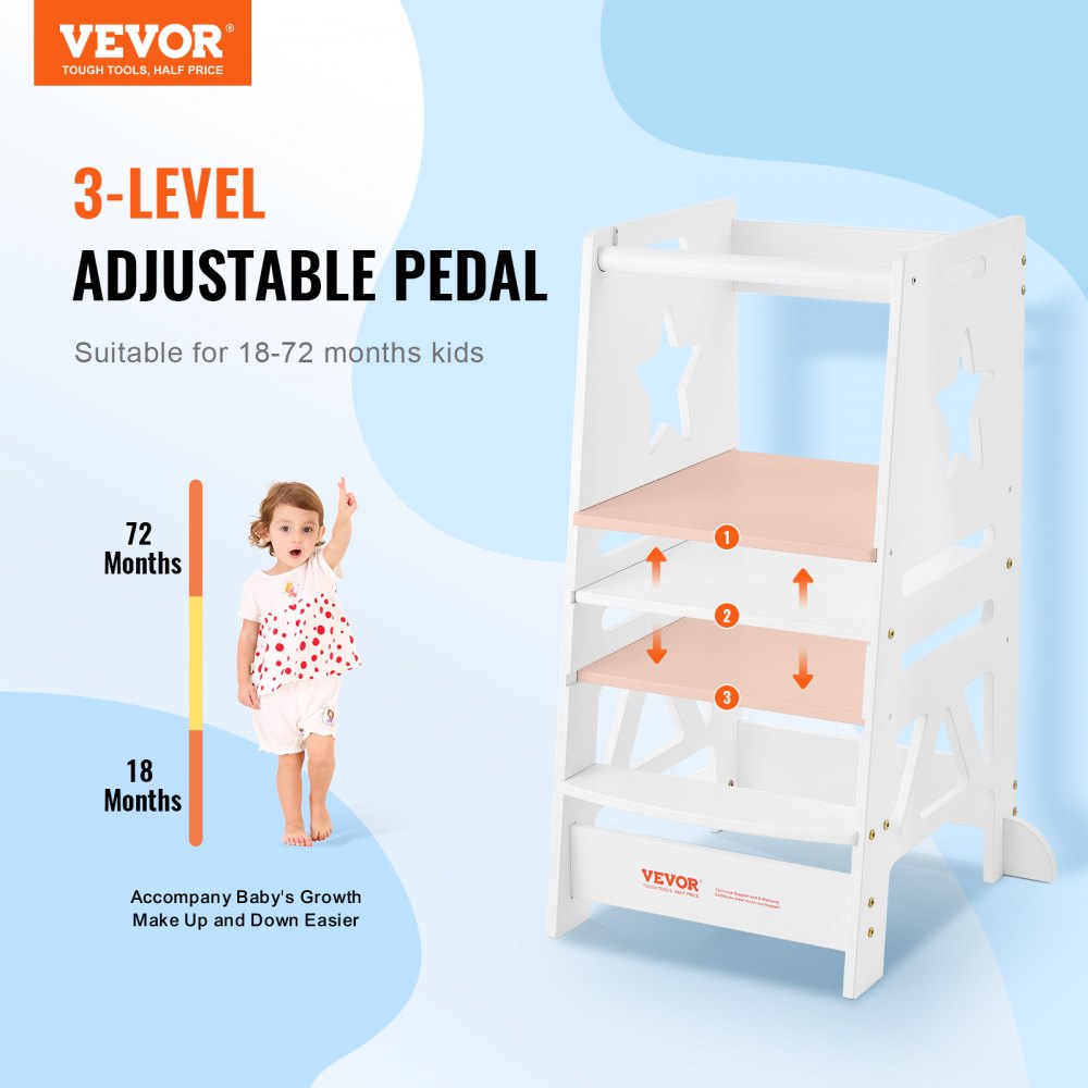 Tower Step Stool, 3-Level Height Adjustable Toddler Step Stools for Kids, Kitchen Stool Helper, Bamboo Standing Tower Learning Stool with Safety Rail for Kitchen Counter Bathroom, 350LBS, White