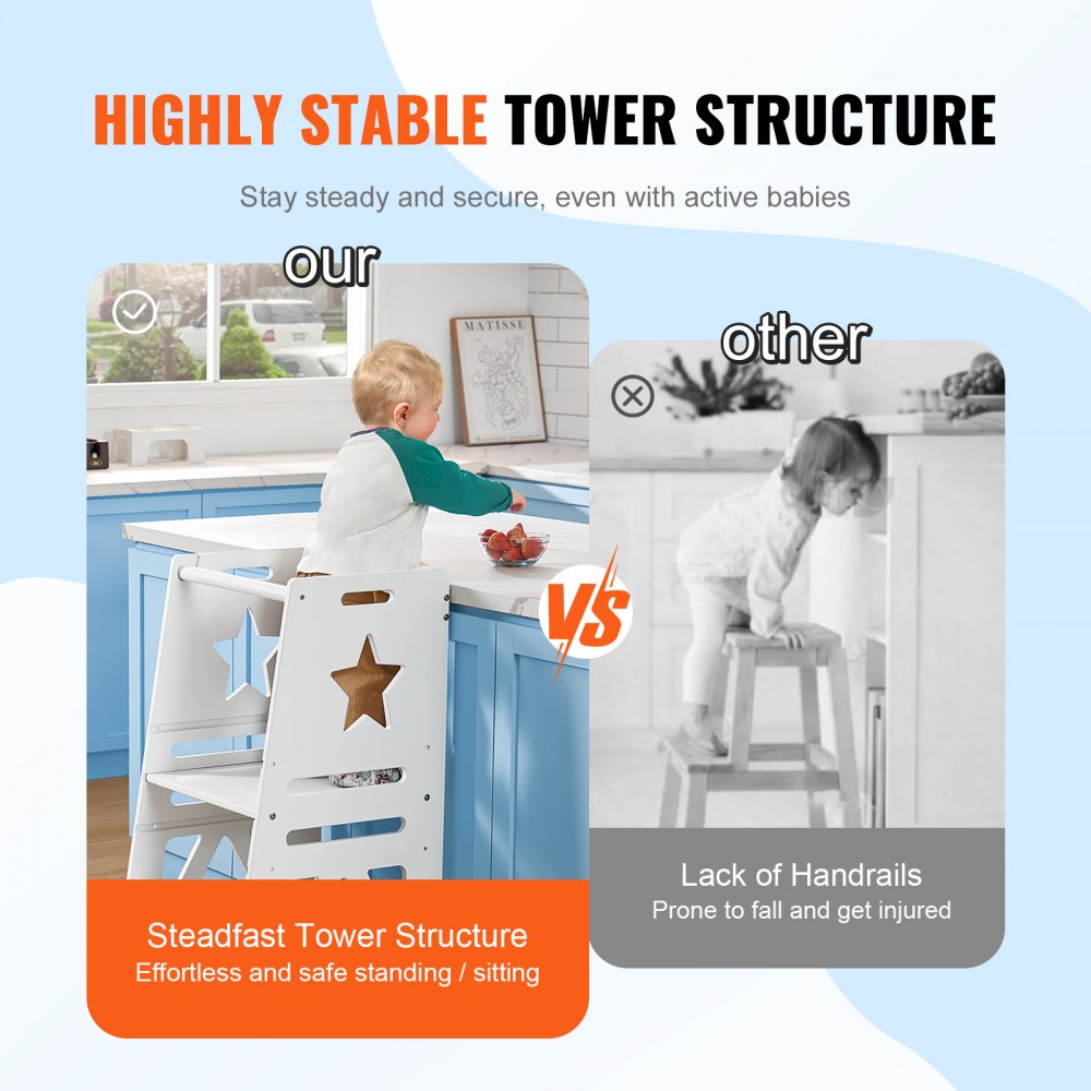 Tower Step Stool, 3-Level Height Adjustable Toddler Step Stools for Kids, Kitchen Stool Helper, Bamboo Standing Tower Learning Stool with Safety Rail for Kitchen Counter Bathroom, 350LBS, White