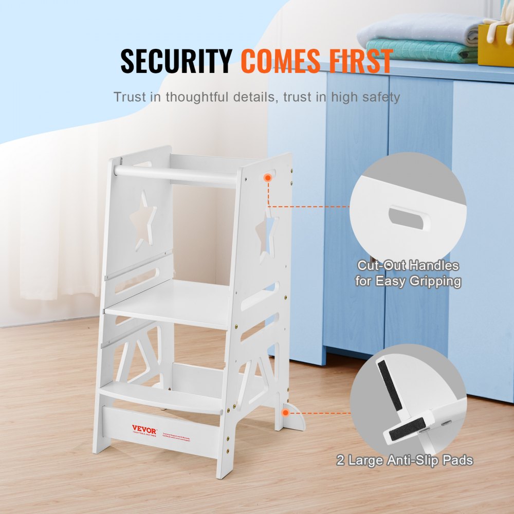Tower Step Stool, 3-Level Height Adjustable Toddler Step Stools for Kids, Kitchen Stool Helper, Bamboo Standing Tower Learning Stool with Safety Rail for Kitchen Counter Bathroom, 350LBS, White
