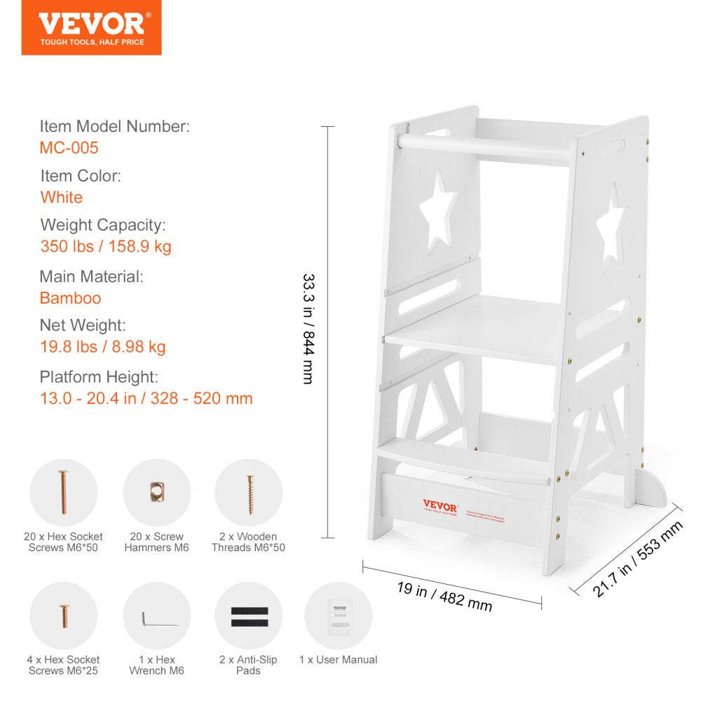 Tower Step Stool, 3-Level Height Adjustable Toddler Step Stools for Kids, Kitchen Stool Helper, Bamboo Standing Tower Learning Stool with Safety Rail for Kitchen Counter Bathroom, 350LBS, White