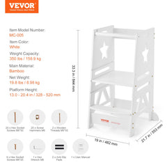 Tower Step Stool, 3-Level Height Adjustable Toddler Step Stools for Kids, Kitchen Stool Helper, Bamboo Standing Tower Learning Stool with Safety Rail for Kitchen Counter Bathroom, 350LBS, White