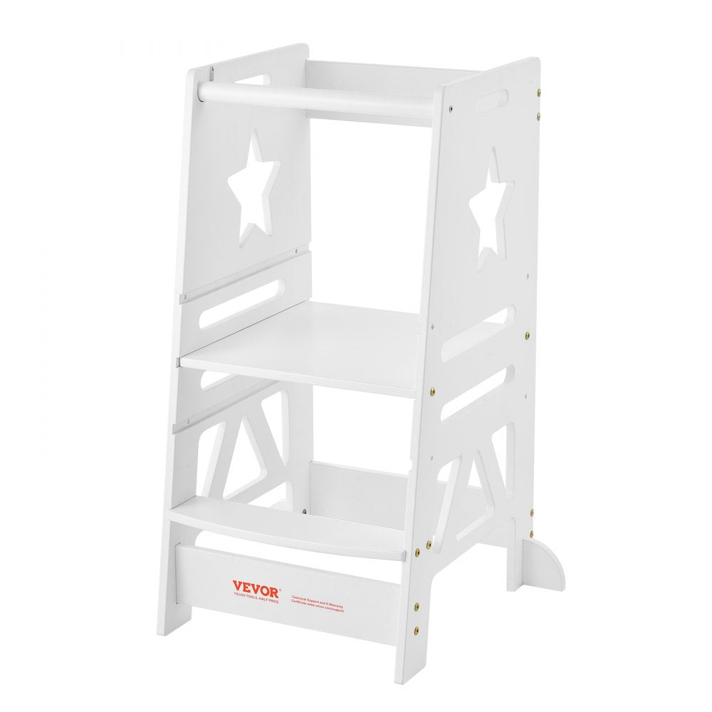 Tower Step Stool, 3-Level Height Adjustable Toddler Step Stools for Kids, Kitchen Stool Helper, Bamboo Standing Tower Learning Stool with Safety Rail for Kitchen Counter Bathroom, 350LBS, White
