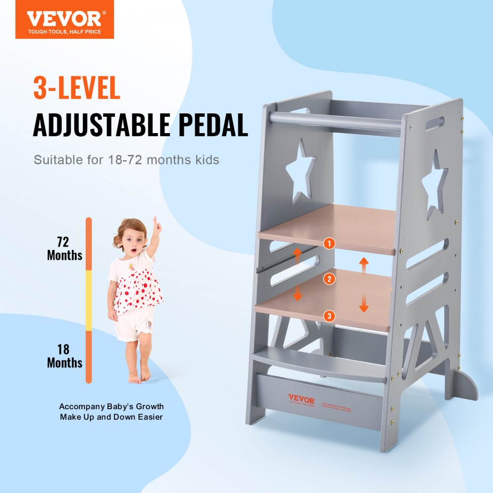 Tower Step Stool, 3-Level Height Adjustable Toddler Step Stools for Kids, Kitchen Stool Helper, Bamboo Standing Tower Learning Stool with Safety Rail for Kitchen Counter Bathroom, 350LBS, Gray