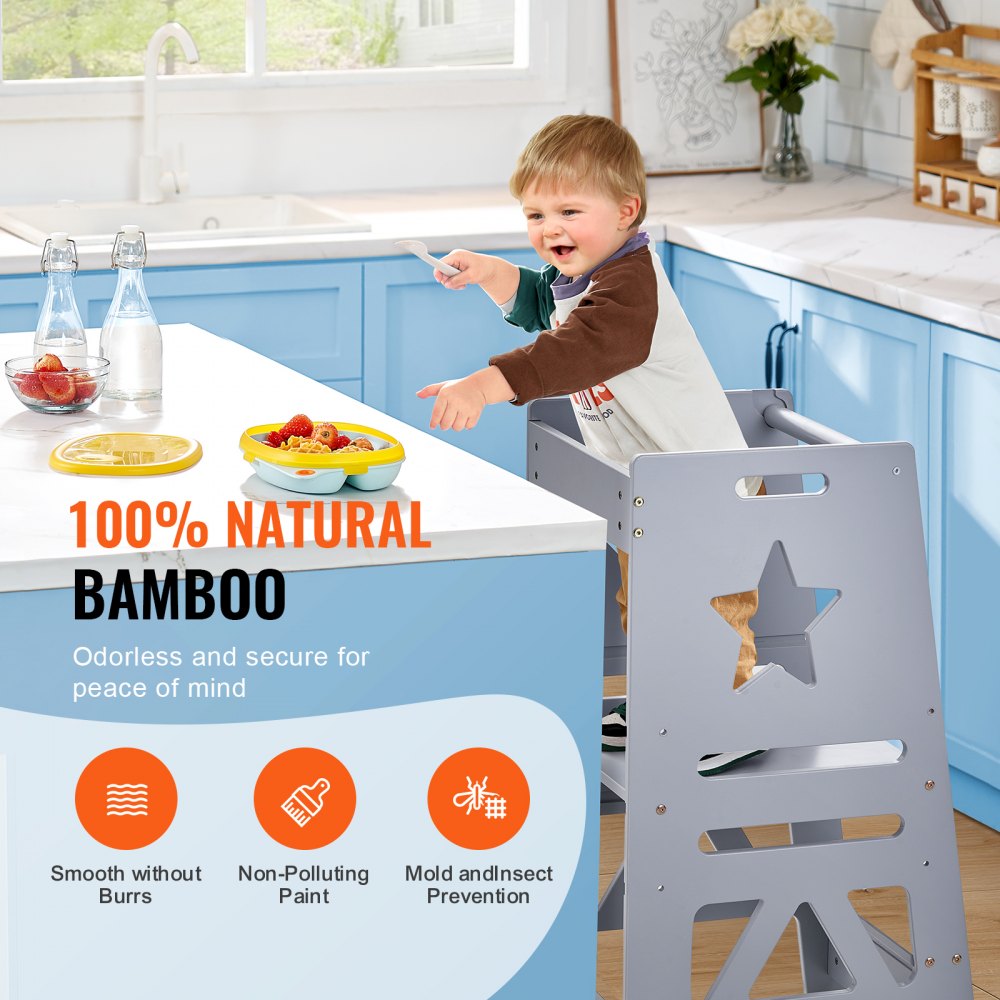Tower Step Stool, 3-Level Height Adjustable Toddler Step Stools for Kids, Kitchen Stool Helper, Bamboo Standing Tower Learning Stool with Safety Rail for Kitchen Counter Bathroom, 350LBS, Gray