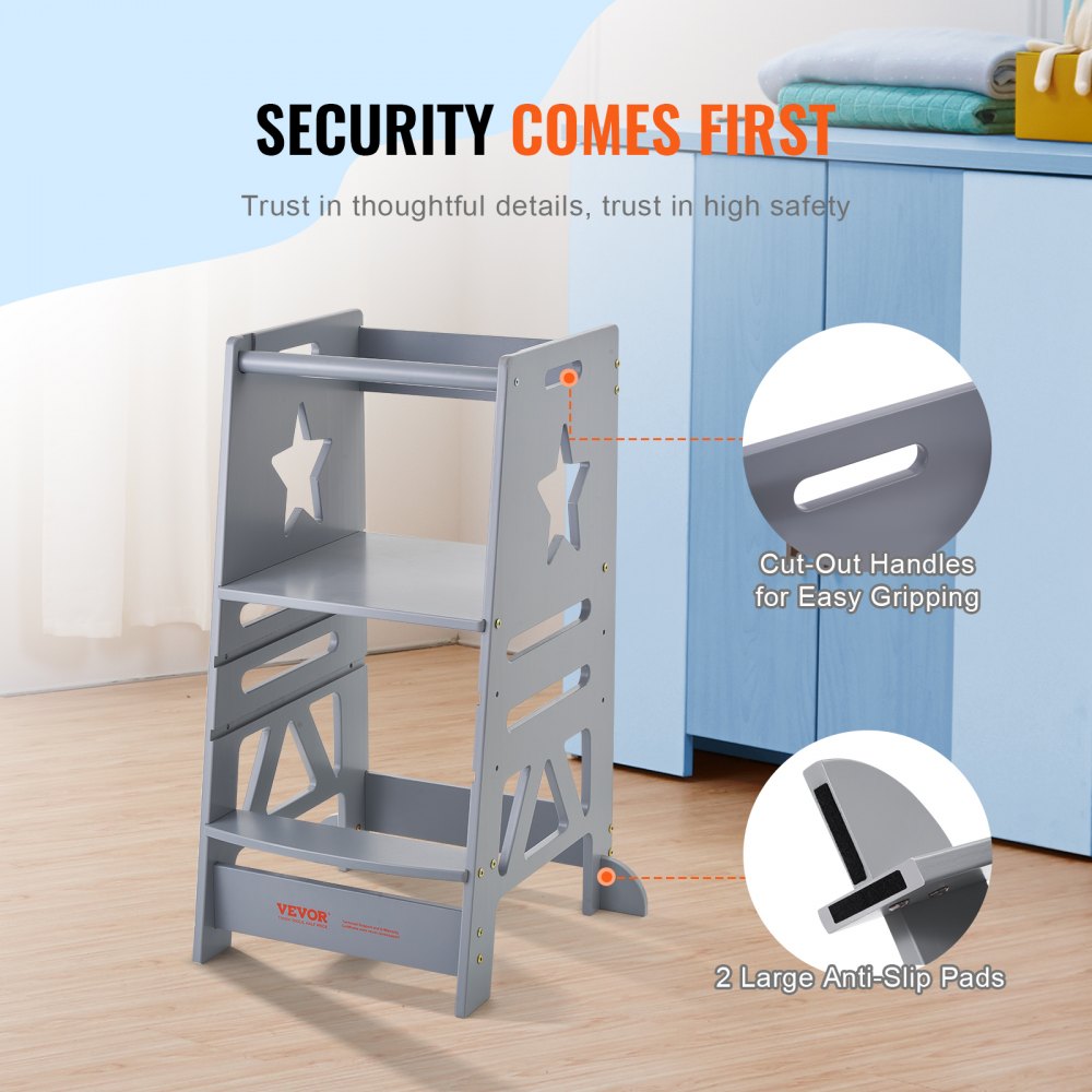 Tower Step Stool, 3-Level Height Adjustable Toddler Step Stools for Kids, Kitchen Stool Helper, Bamboo Standing Tower Learning Stool with Safety Rail for Kitchen Counter Bathroom, 350LBS, Gray