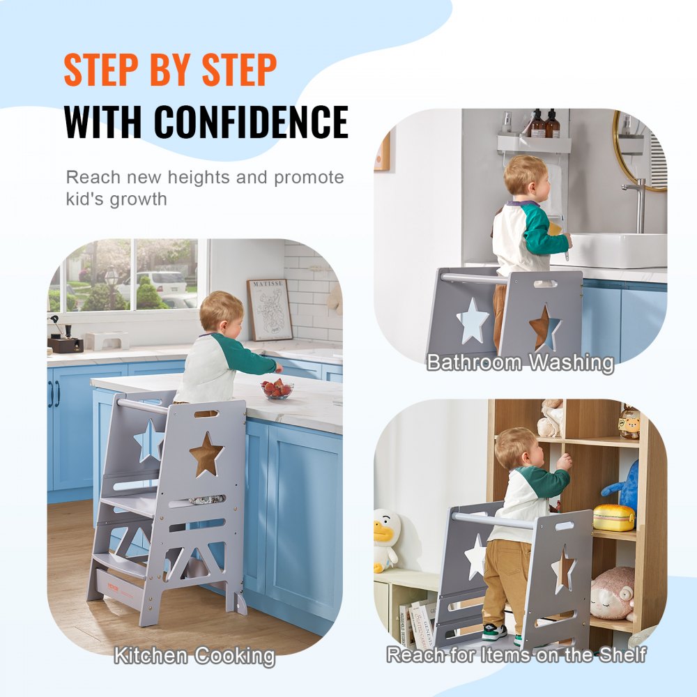 Tower Step Stool, 3-Level Height Adjustable Toddler Step Stools for Kids, Kitchen Stool Helper, Bamboo Standing Tower Learning Stool with Safety Rail for Kitchen Counter Bathroom, 350LBS, Gray