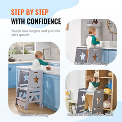 Tower Step Stool, 3-Level Height Adjustable Toddler Step Stools for Kids, Kitchen Stool Helper, Bamboo Standing Tower Learning Stool with Safety Rail for Kitchen Counter Bathroom, 350LBS, Gray
