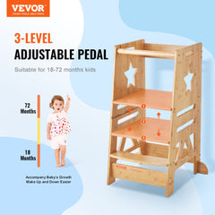 Tower Step Stool, 3-Level Height Adjustable Toddler Step Stools for Kids, Kitchen Stool Helper, Bamboo Kids Standing Tower Learning Stool with Safety Rail for Kitchen Counter Bathroom, 350LBS