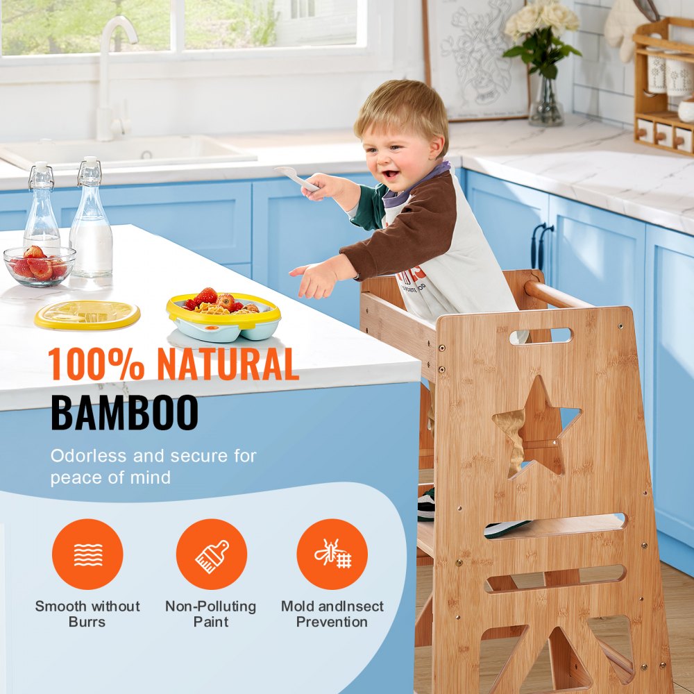 Tower Step Stool, 3-Level Height Adjustable Toddler Step Stools for Kids, Kitchen Stool Helper, Bamboo Kids Standing Tower Learning Stool with Safety Rail for Kitchen Counter Bathroom, 350LBS