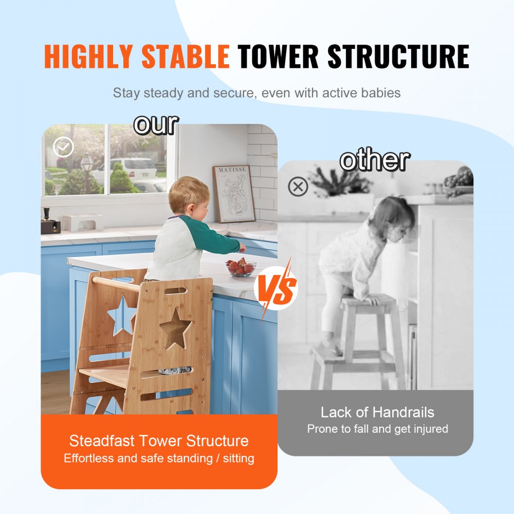 Tower Step Stool, 3-Level Height Adjustable Toddler Step Stools for Kids, Kitchen Stool Helper, Bamboo Kids Standing Tower Learning Stool with Safety Rail for Kitchen Counter Bathroom, 350LBS