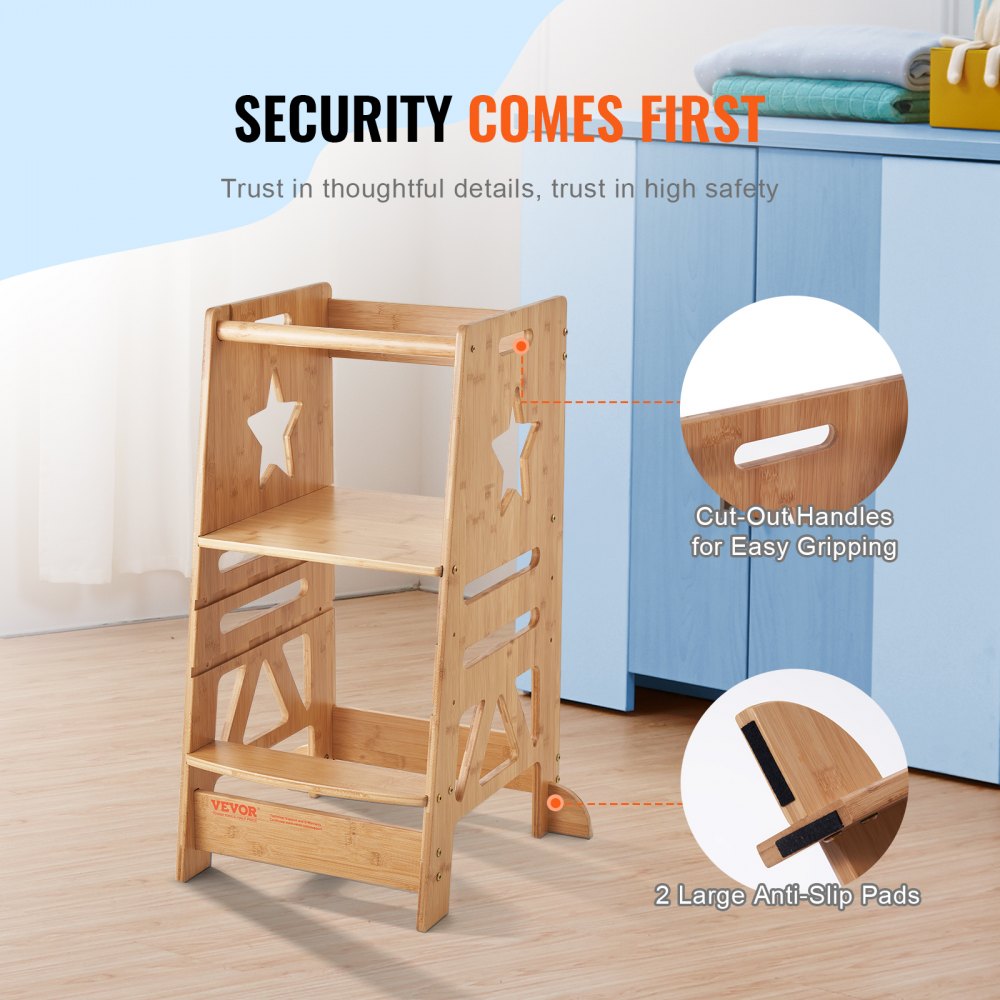 Tower Step Stool, 3-Level Height Adjustable Toddler Step Stools for Kids, Kitchen Stool Helper, Bamboo Kids Standing Tower Learning Stool with Safety Rail for Kitchen Counter Bathroom, 350LBS