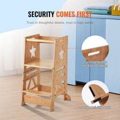 Tower Step Stool, 3-Level Height Adjustable Toddler Step Stools for Kids, Kitchen Stool Helper, Bamboo Kids Standing Tower Learning Stool with Safety Rail for Kitchen Counter Bathroom, 350LBS