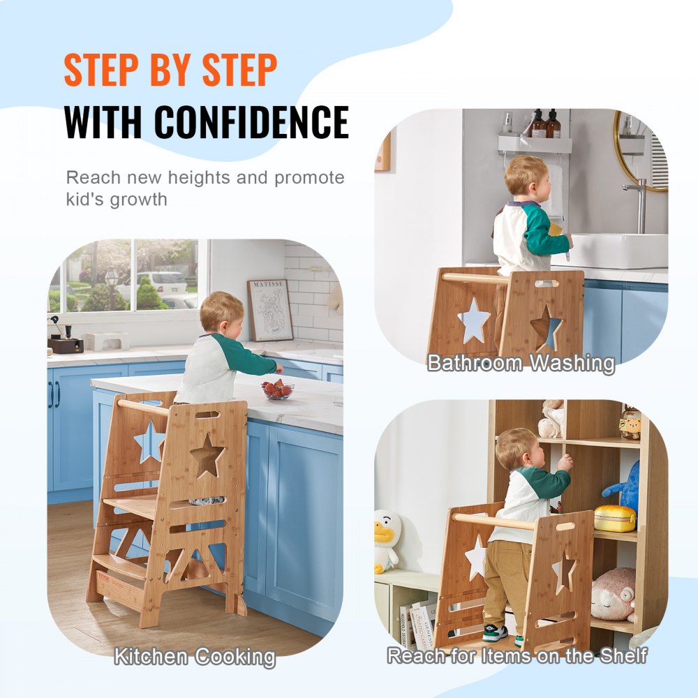 Tower Step Stool, 3-Level Height Adjustable Toddler Step Stools for Kids, Kitchen Stool Helper, Bamboo Kids Standing Tower Learning Stool with Safety Rail for Kitchen Counter Bathroom, 350LBS