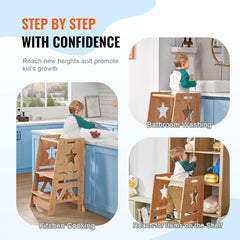 Tower Step Stool, 3-Level Height Adjustable Toddler Step Stools for Kids, Kitchen Stool Helper, Bamboo Kids Standing Tower Learning Stool with Safety Rail for Kitchen Counter Bathroom, 350LBS
