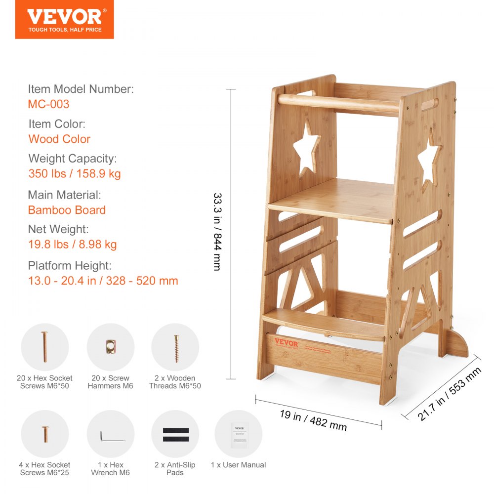 Tower Step Stool, 3-Level Height Adjustable Toddler Step Stools for Kids, Kitchen Stool Helper, Bamboo Kids Standing Tower Learning Stool with Safety Rail for Kitchen Counter Bathroom, 350LBS