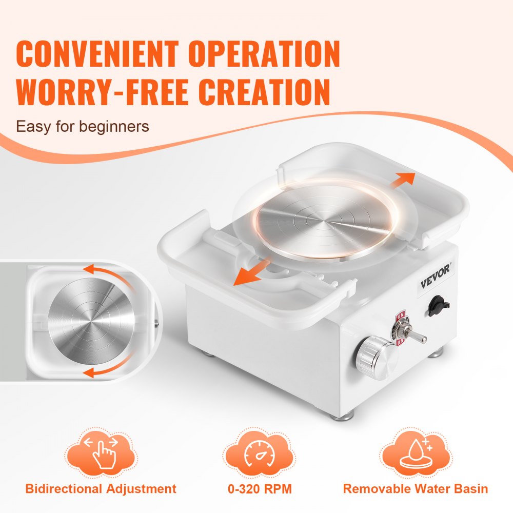 Mini Pottery Wheel Electric Ceramic Wheel Machine 0-320RPM Speed White