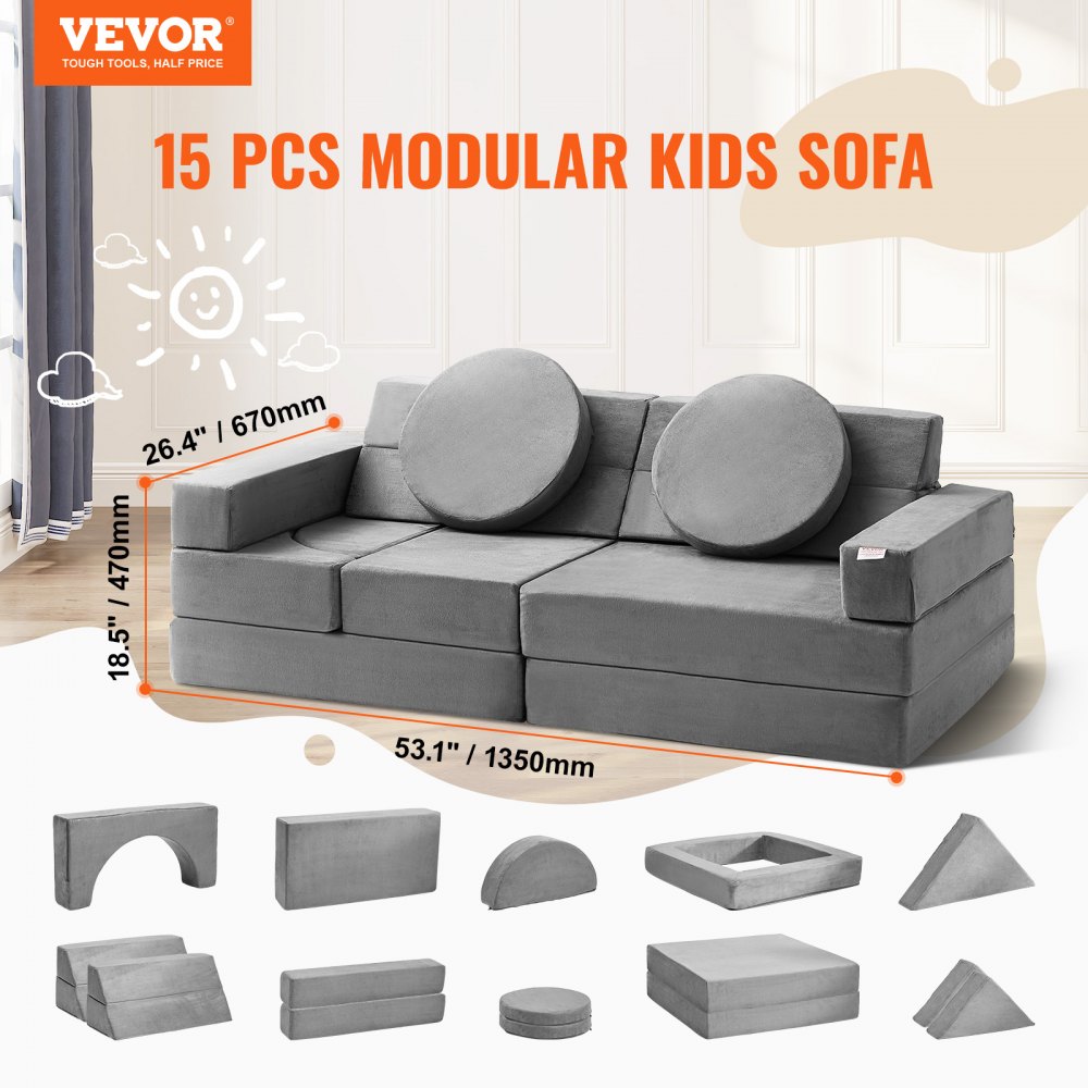Play Couch, Modular Kids Nugget Couch 15pcs, Toddler Foam Sofa Couch with High-density 25D Sponge for Playing, Creating, Sleeping, Imaginative Kids Furniture for Bedroom and Playroom