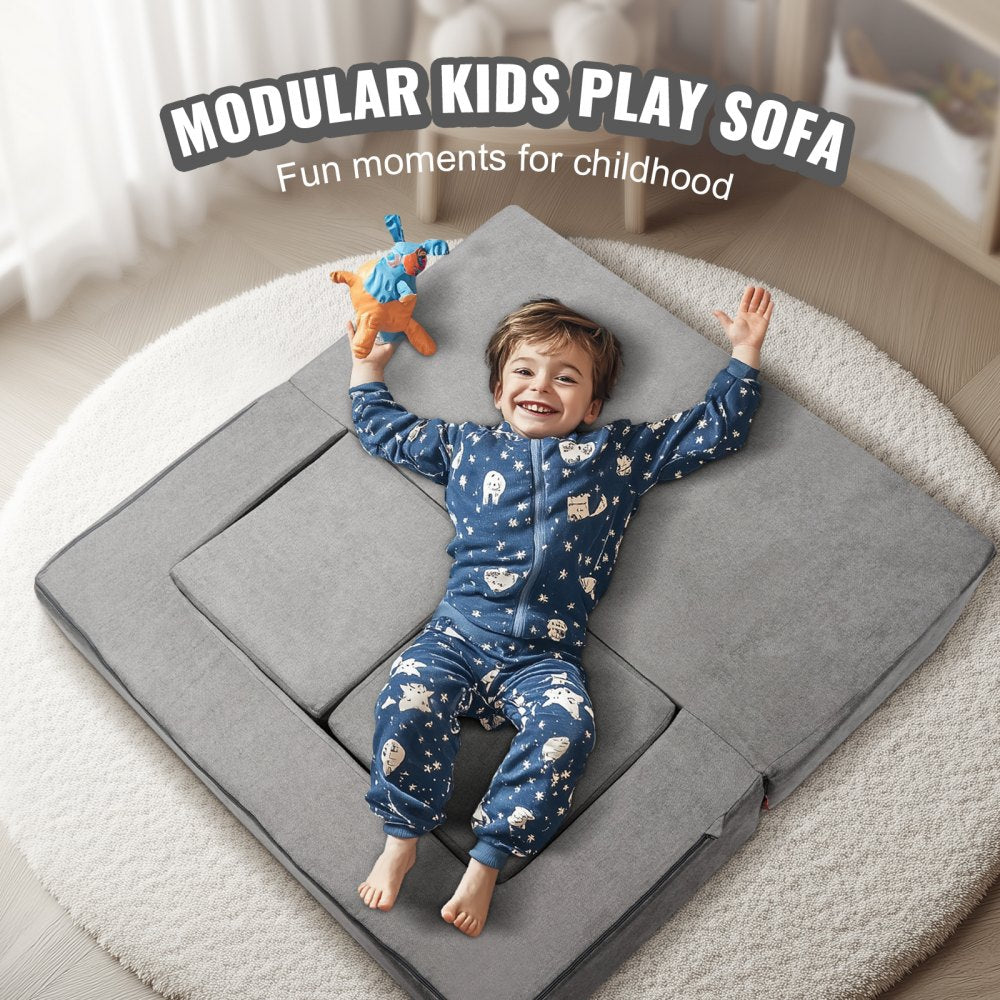 Kids Couch, 4Pcs Modular Kids Play Couch, Toddler Couch Sofa Bed, Kids Chair Seat Playroom Furniture, Child Sectional Sofa with Removable Cover for Kids Girls & Boys, Grey