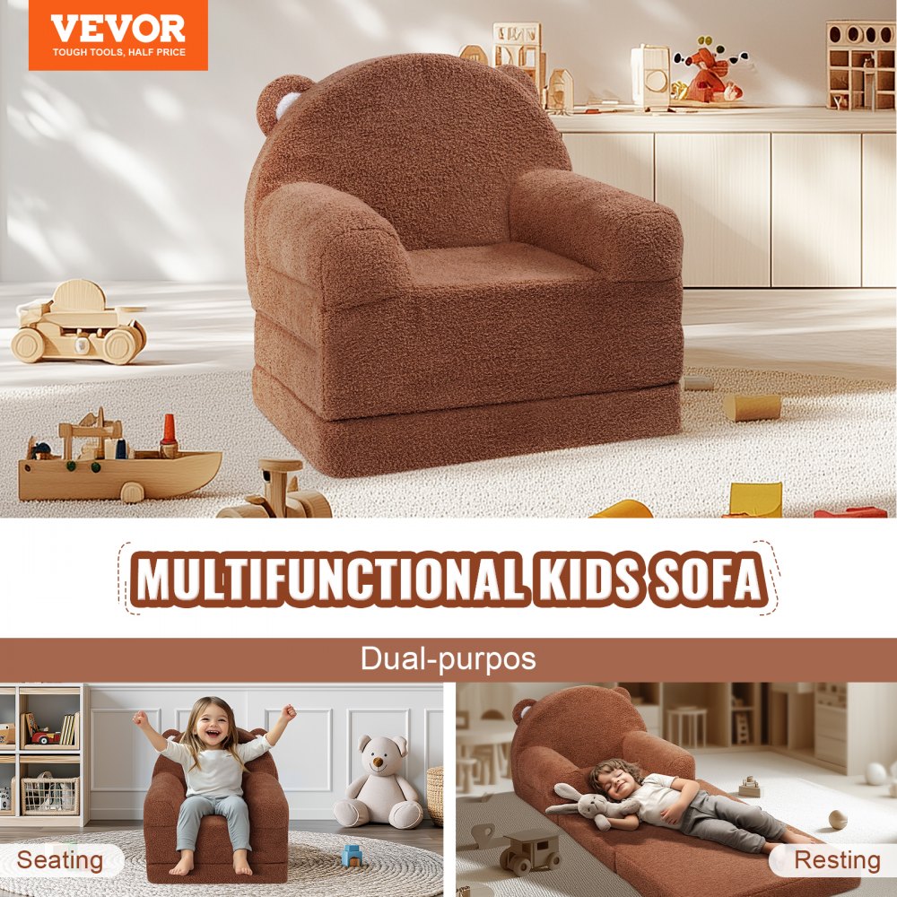 Kids Couch, 2-in-1 Toddler Chairs Comfy, Toddler Couch Sofa Bed Fold Out, Convertible Sofa to Lounger, Kids Chair Seat Playroom Furniture for Kids Girls & Boys, Brown