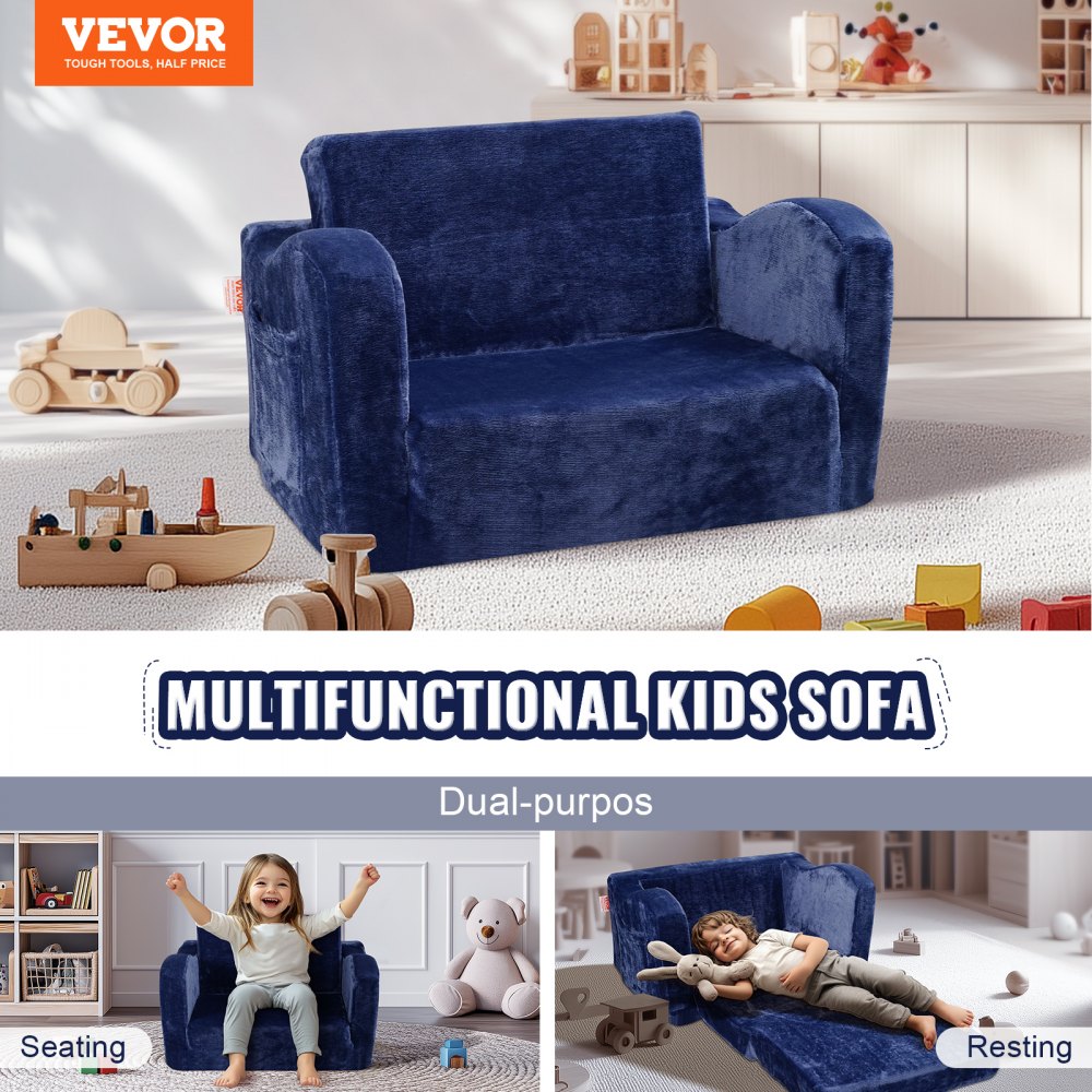 Kids Couch, 2-in-1 Toddler Chairs Comfy, Toddler Couch Sofa Bed Fold Out, Convertible Sofa to Lounger, Kids Chair Seat Playroom Furniture for Kids Girls & Boys, Blue
